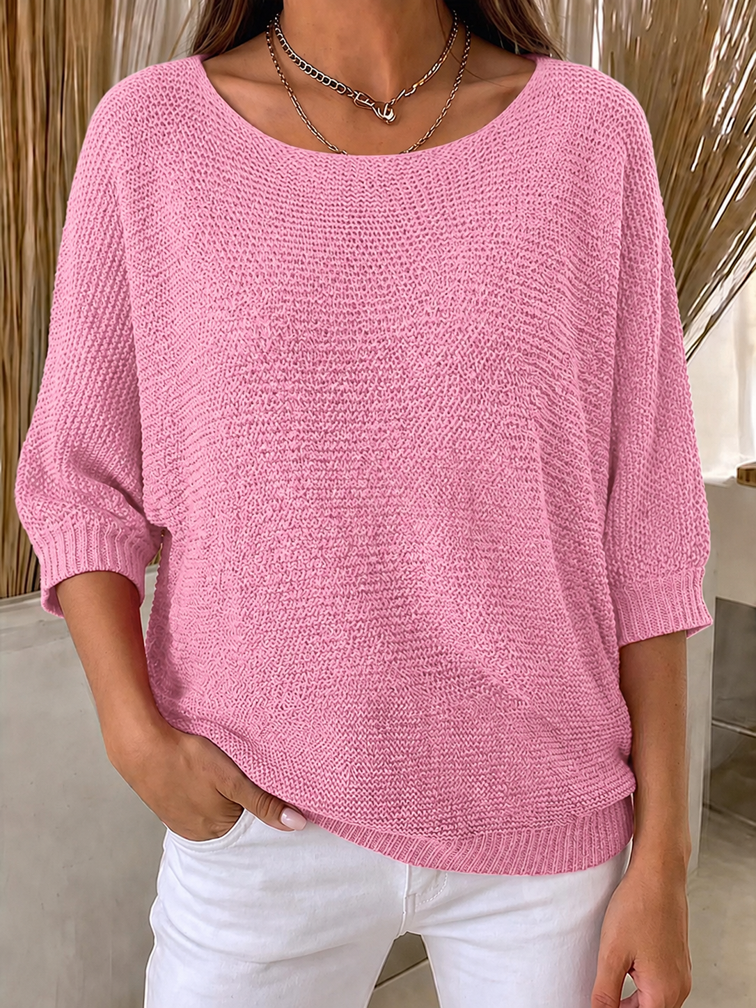 Women'S Solid Color Multi-Color Round Neck Knitted Sweater With Seven Quarter Sleeve Top