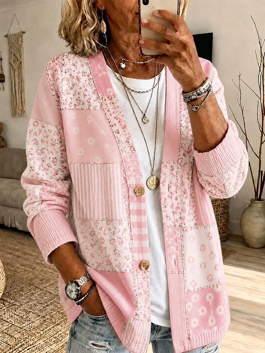 Women'S Casual Pink Floral Cardigan Top