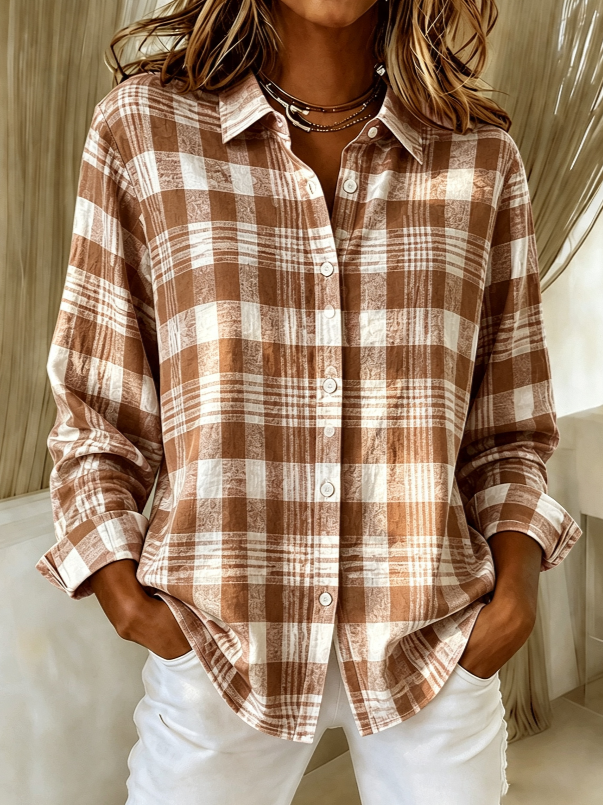 Women'S Pink Striped Printed Lapel Long Sleeved Shirt