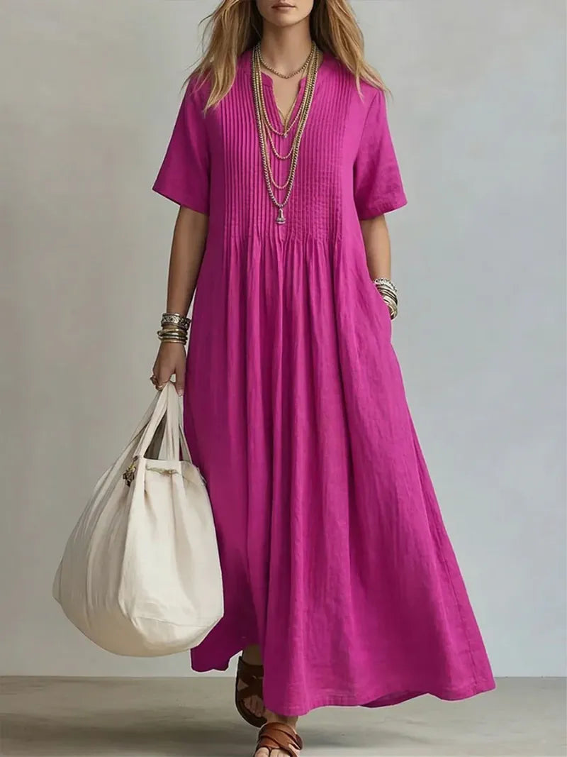 Women's Lightweight Pleated Cotton-linen Dress