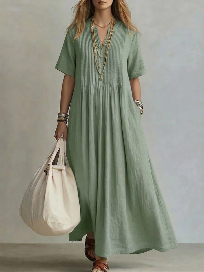 Women's Lightweight Pleated Cotton-linen Dress