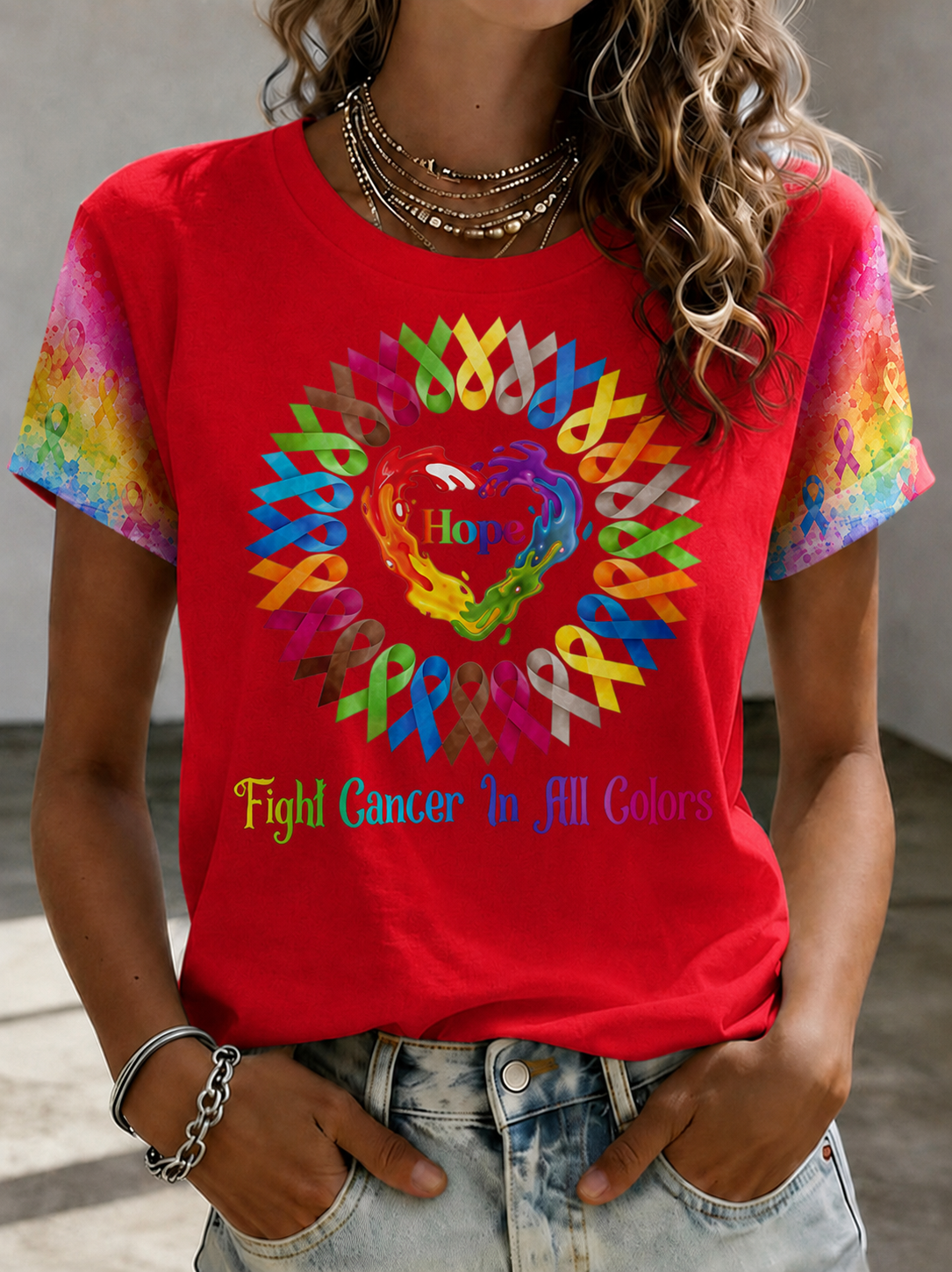 Women Hope Heart All Color Cancer Ribbons Fight Cancer T-Shirt