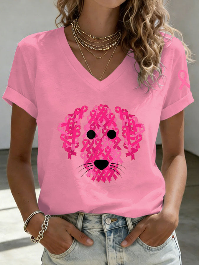 Women'S Breast Cancer Awareness Cute Dog Print T-Shirt
