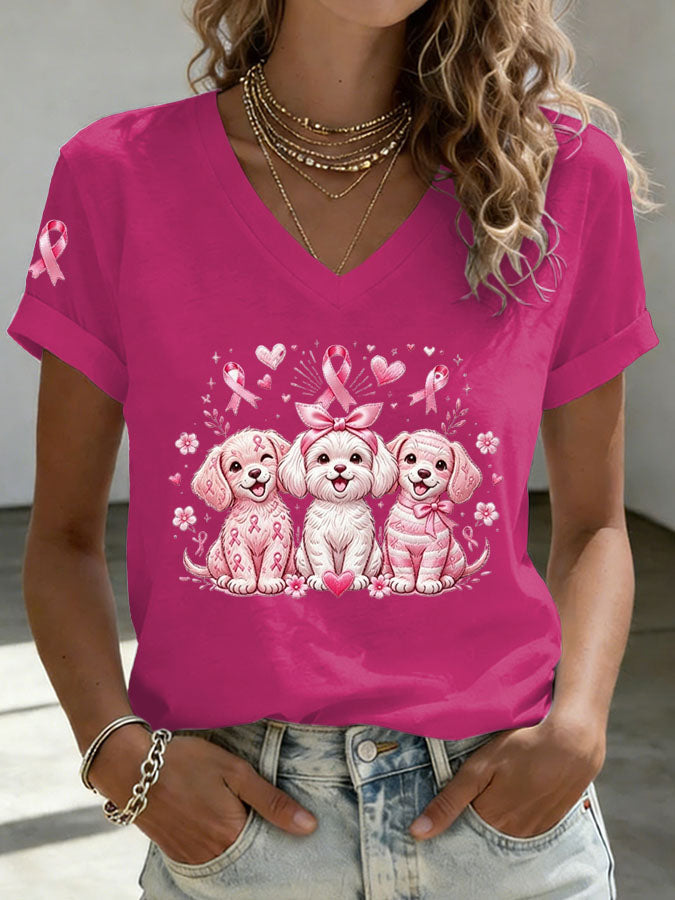Women'S Breast Cancer Awareness Dachshund Print T-Shirt