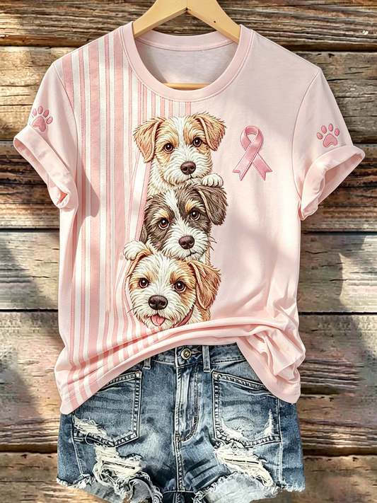 Pink Series Disease Health Awareness Public Welfare Printed Round Neck T-Shirt