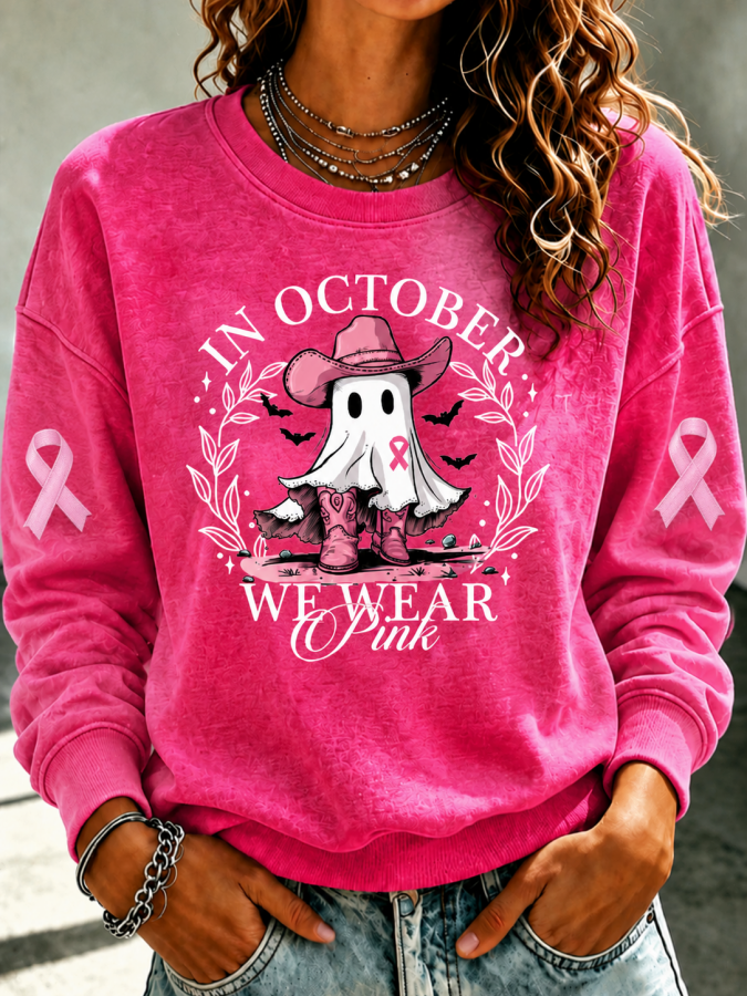 Women'S In October We Wear Pink Print Round Neck Sweatshirt