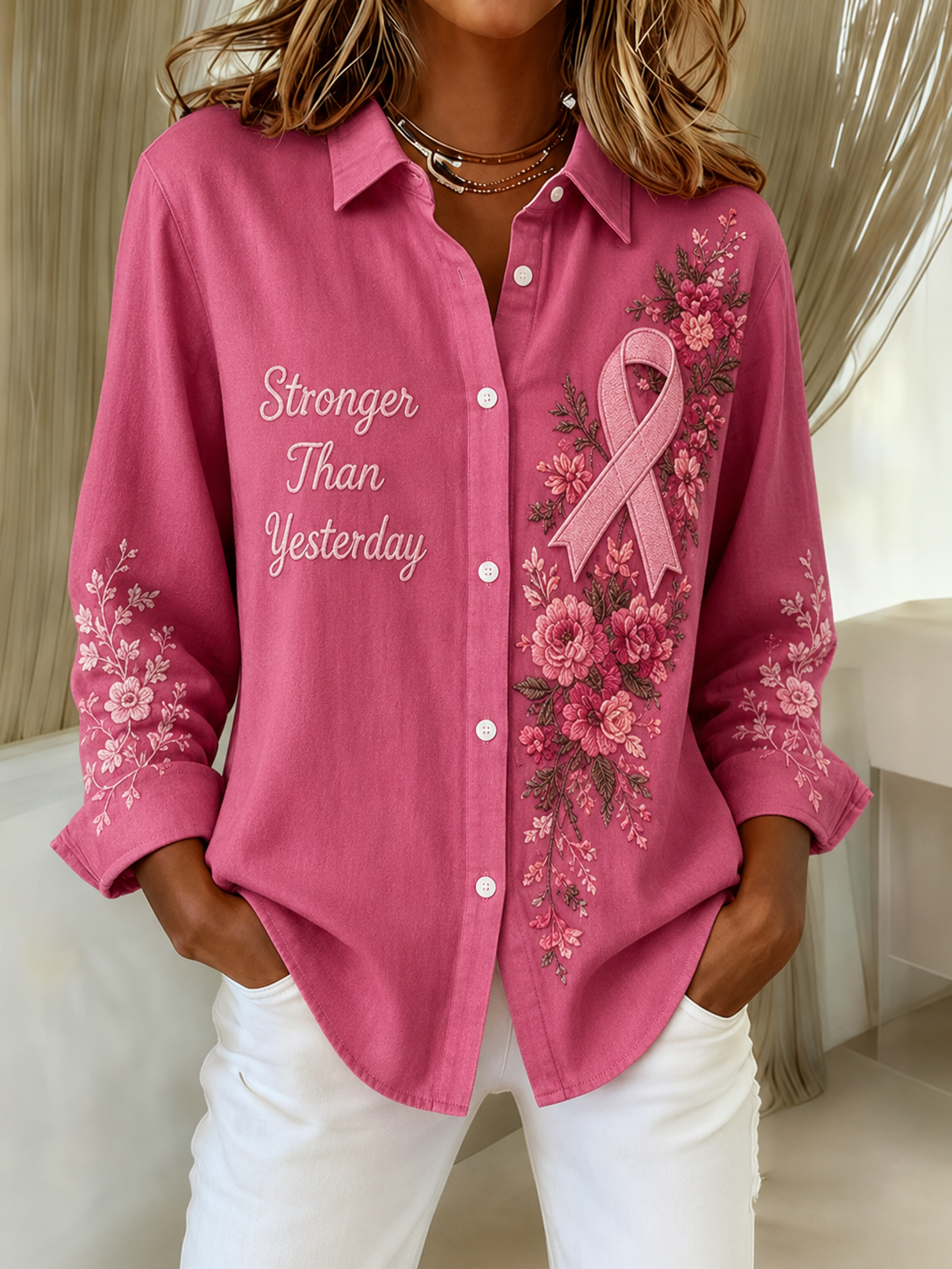 Women's Pink  Print Lapel Long Sleeve Shirt