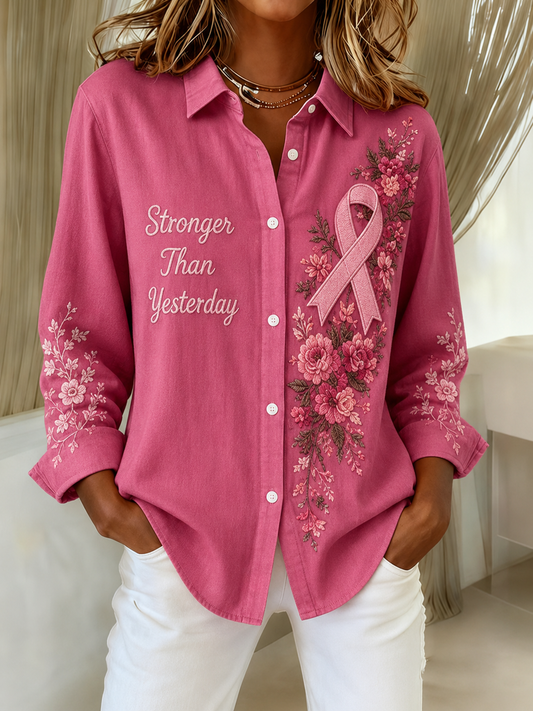 Women's Pink  Print Lapel Long Sleeve Shirt