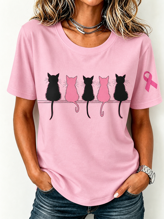 Women's Breast Cancer Awareness Cat Printed Casual T-Shirt