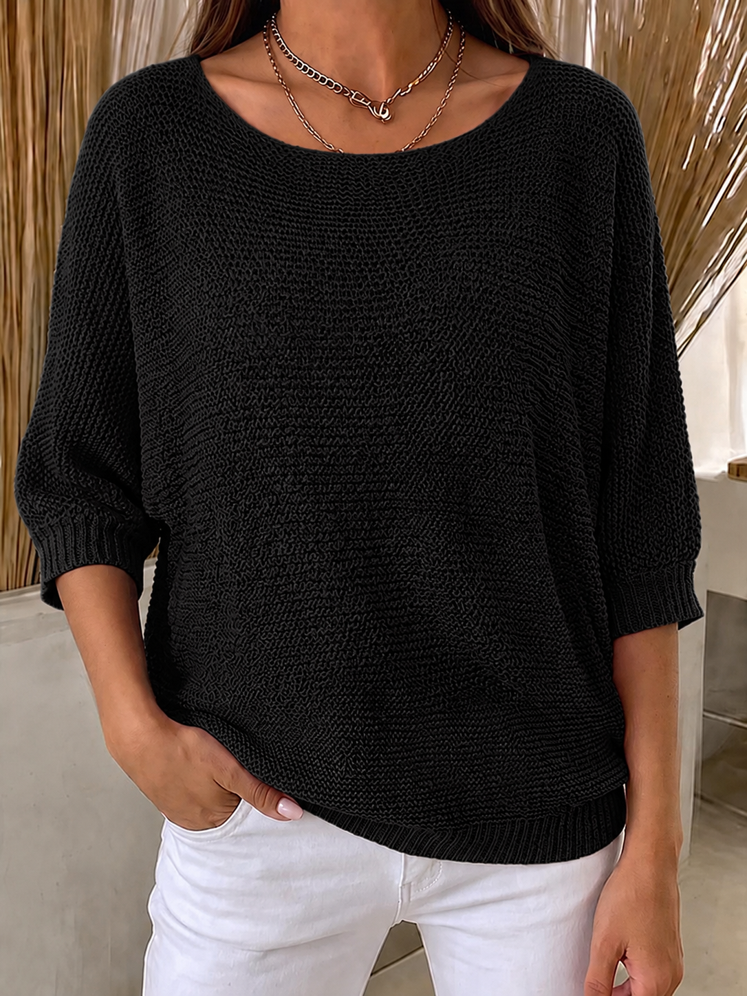 Women'S Solid Color Multi-Color Round Neck Knitted Sweater With Seven Quarter Sleeve Top