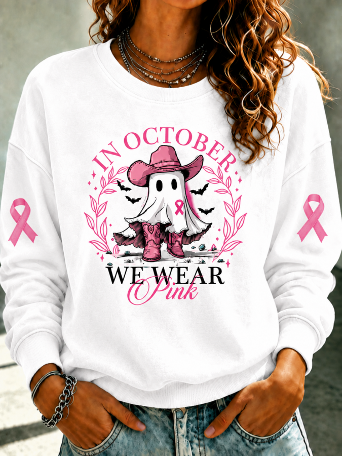 Women'S In October We Wear Pink Print Round Neck Sweatshirt