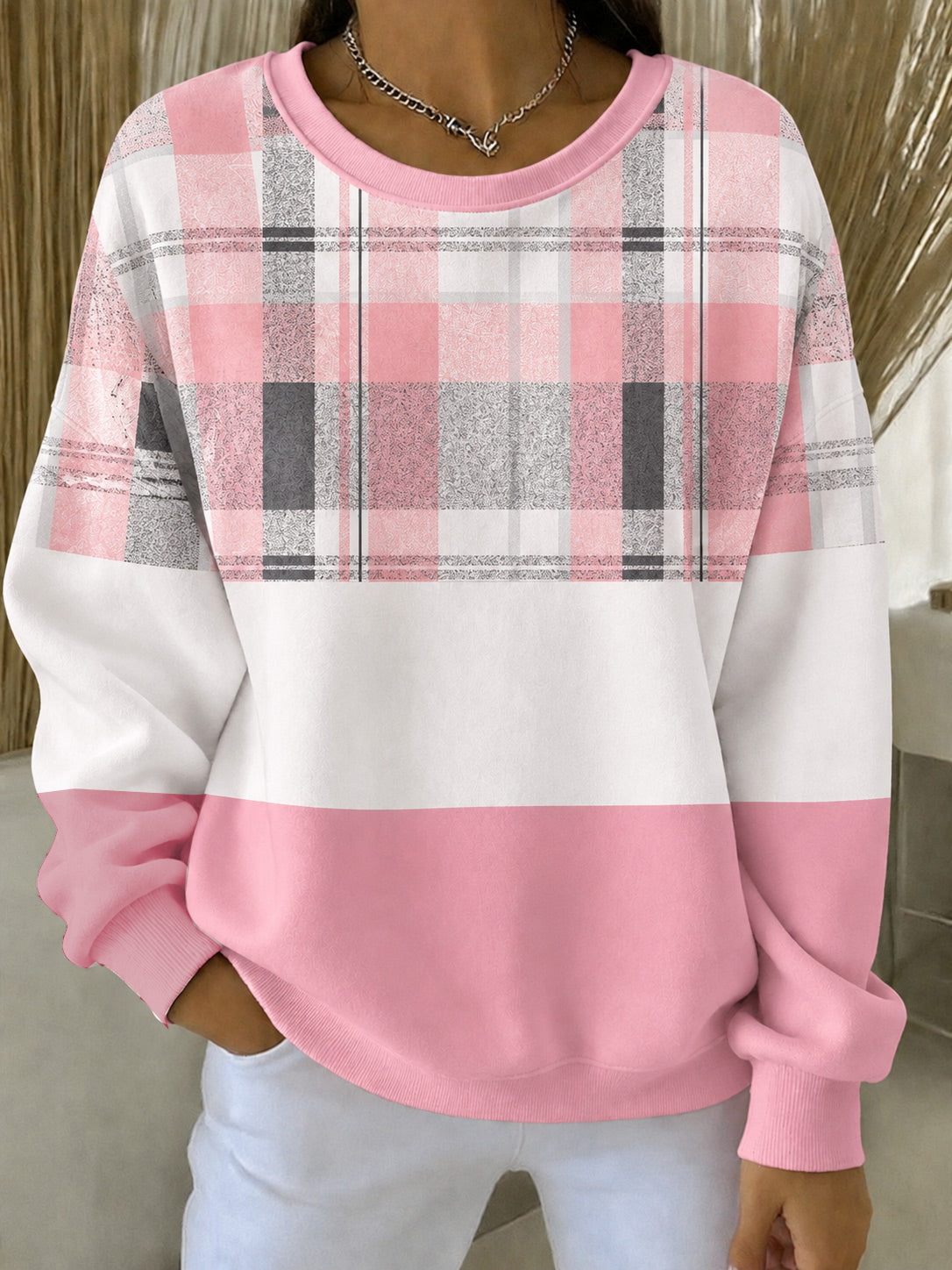 Ladies' Casual Contrasting Pink Round Neck Sports Shirt