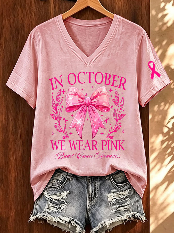 Women'S Breast Cancer Awareness Together We Fight We Win Bow Coquette Printed T-Shirt