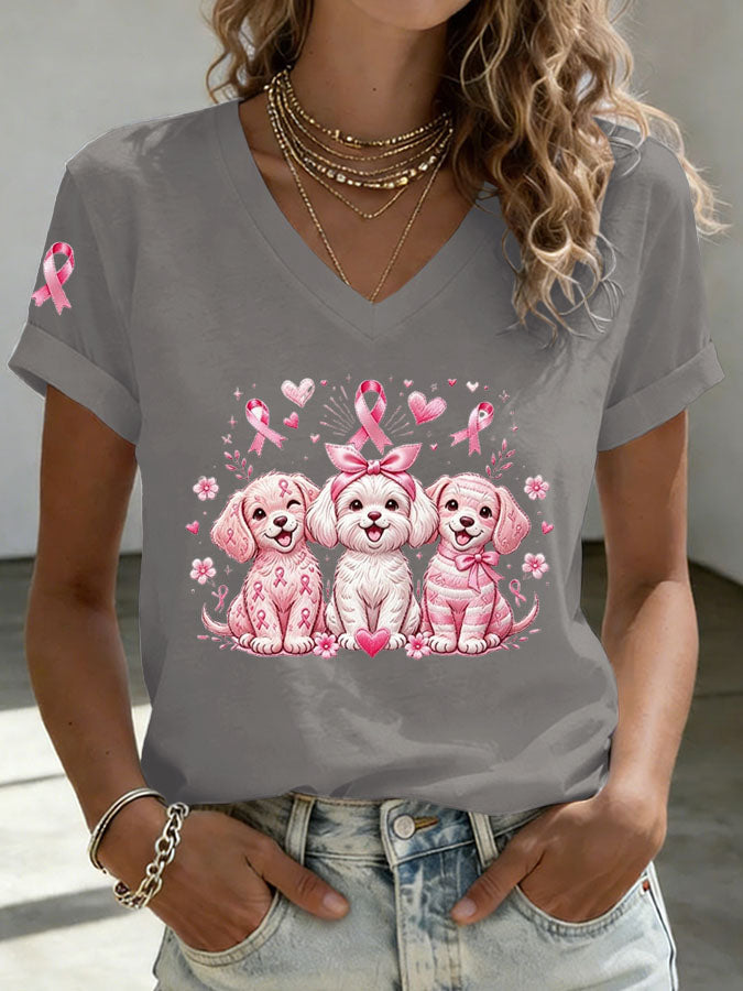 Women'S Breast Cancer Awareness Dachshund Print T-Shirt