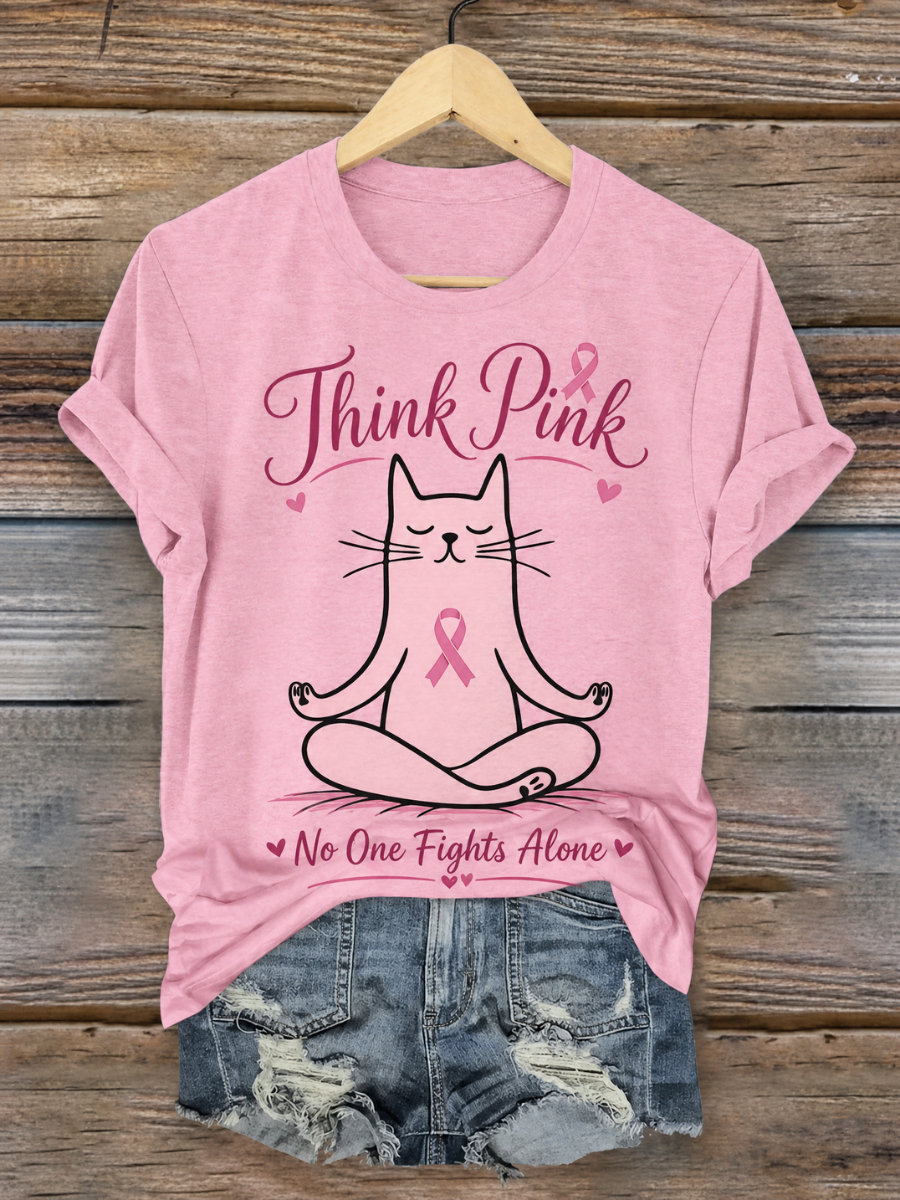 Women's Breast Cancer Awareness Cat Printed Casual T-Shirt
