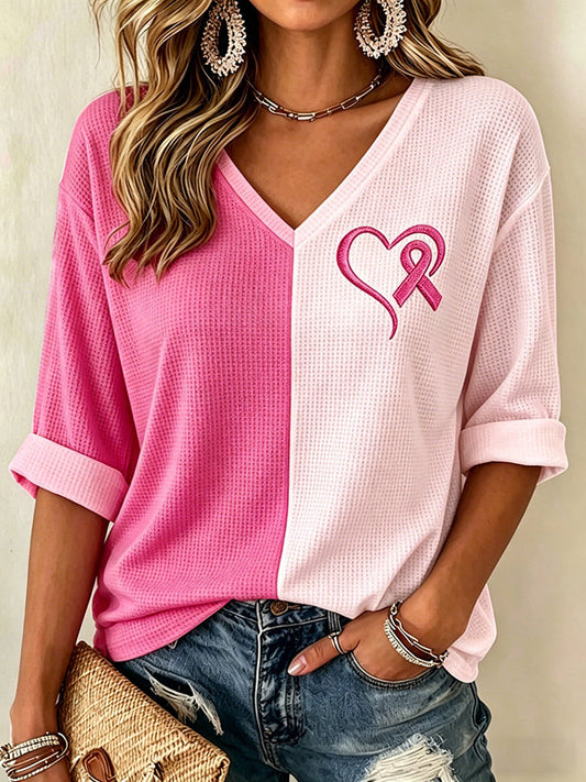 Women'S Casual Color Contrast Breast Cancer Waffle T-Shirt