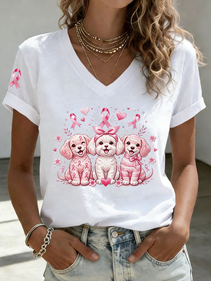 Women'S Breast Cancer Awareness Dachshund Print T-Shirt
