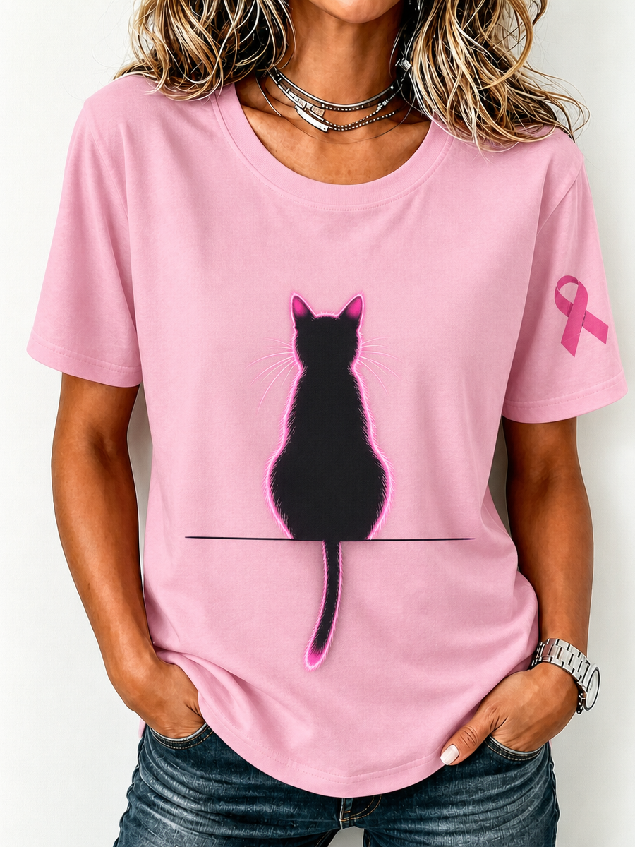 Women's Breast Cancer Awareness Cat Printed Casual T-Shirt