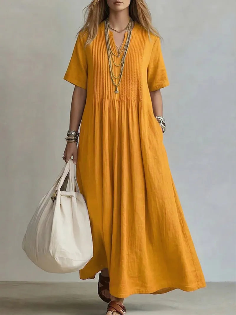 Women's Lightweight Pleated Cotton-linen Dress