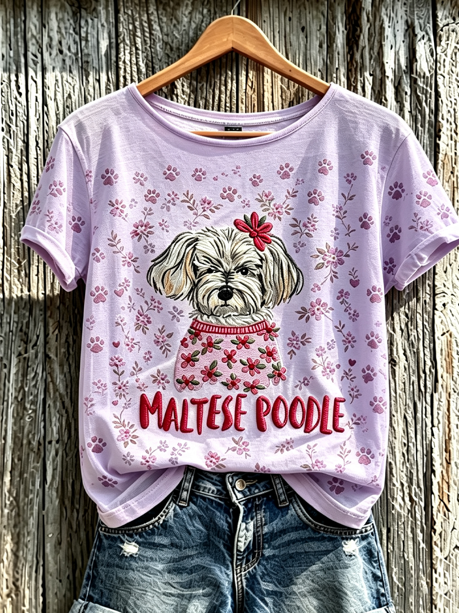 Women'S Animal Dog Floral Print Fashionable Short Sleeved Shirt