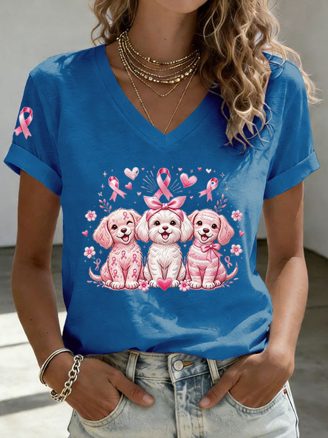 Women'S Breast Cancer Awareness Dachshund Print T-Shirt