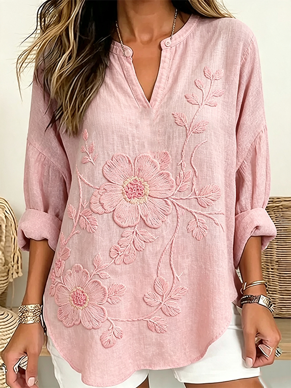 Women's Large Floral Embroidered Henley Neck Linen Blouse