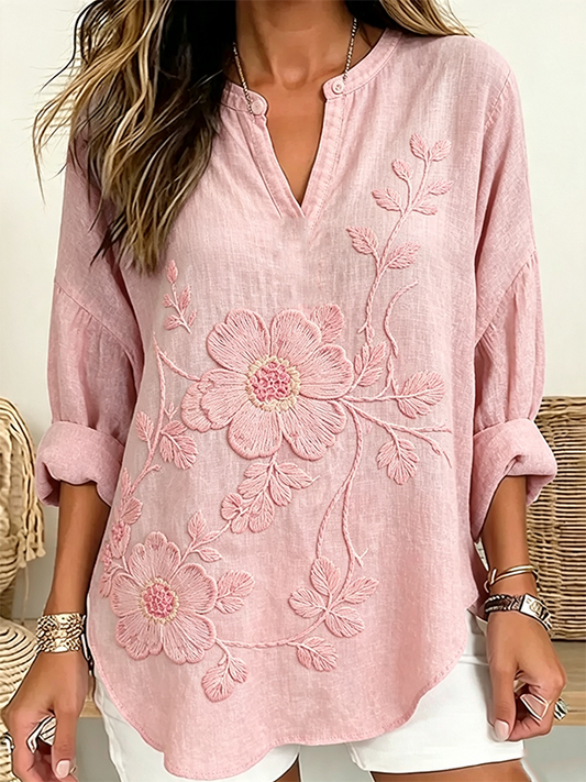 Women's Large Floral Embroidered Henley Neck Linen Blouse