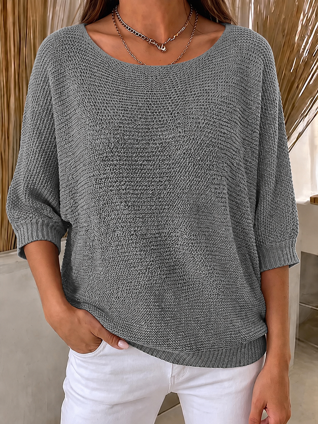 Women'S Solid Color Multi-Color Round Neck Knitted Sweater With Seven Quarter Sleeve Top