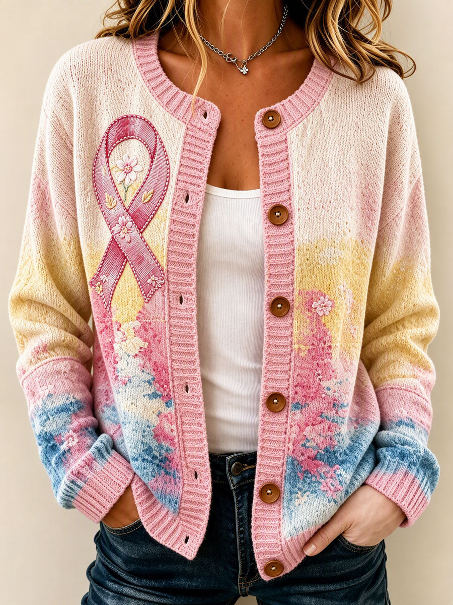 Women'S Breast Cancer Pink Flower Cardigan