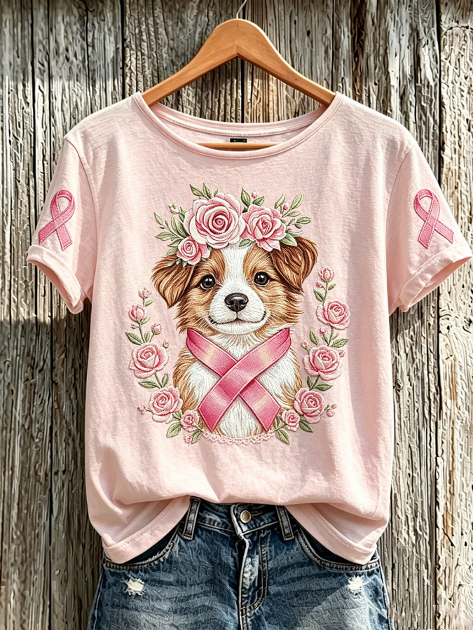 Women'S Breast Cancer Cute Dog Pattern Printed Casual Short-Sleeve T-Shirt