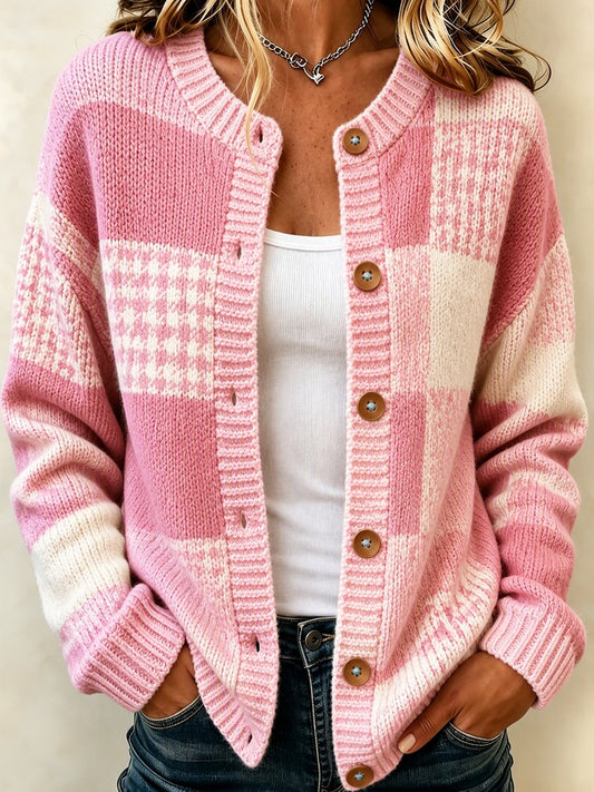 Women's Checkered Pattern Knitted Cardigan Top