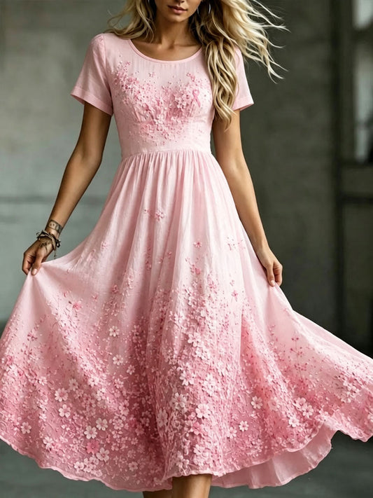 Ladies' Pink Floral Round Neck Short Sleeved Dress
