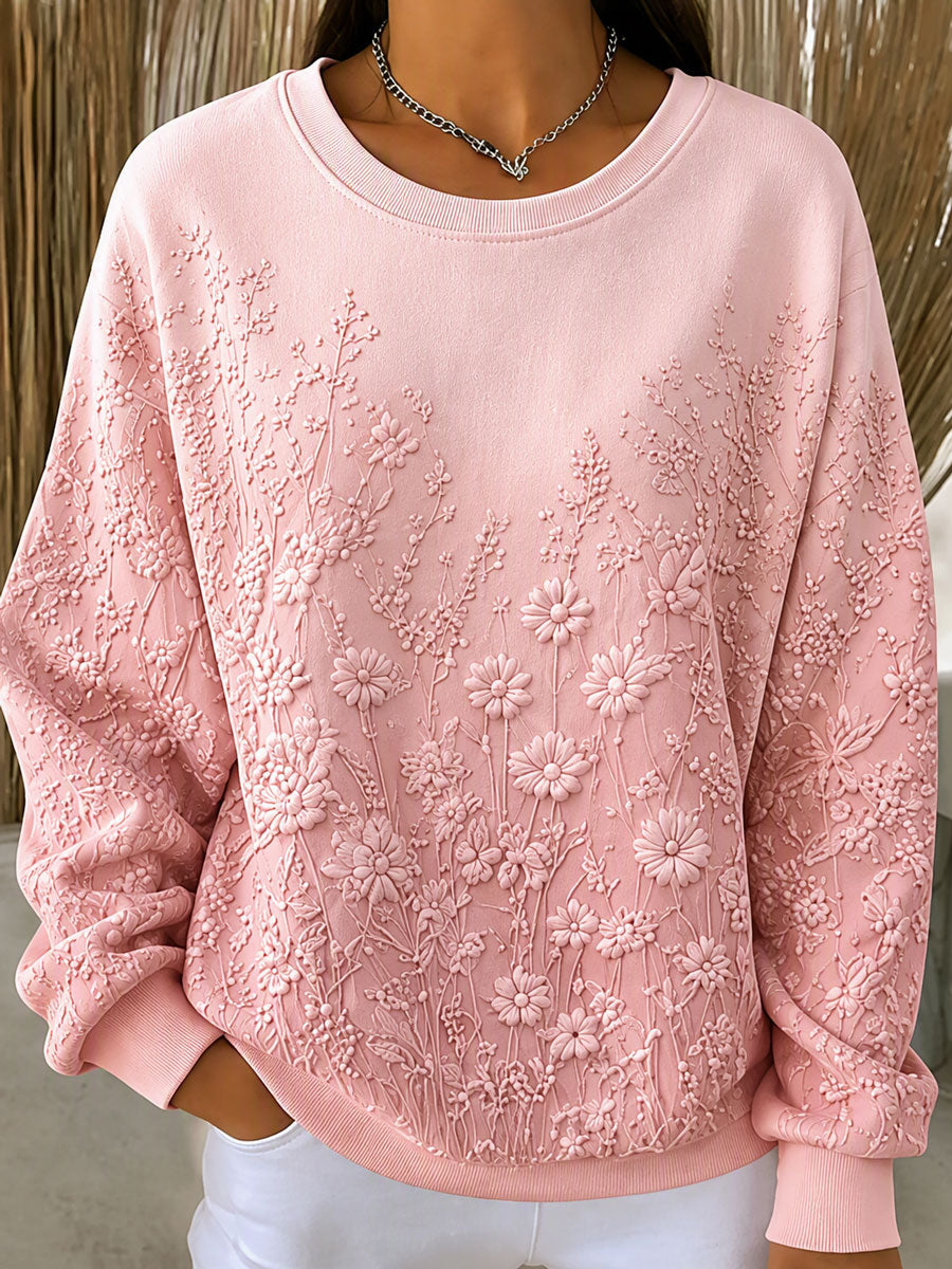 Ladies' Casual Plant Flower Printed Round Neck Sports Shirt