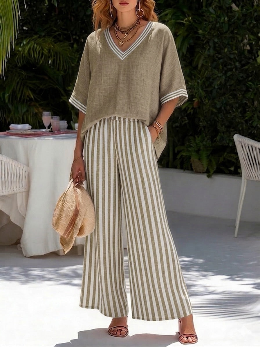 🌿New Linen🔥Elegant and Casual Striped Linen and Cotton Blend Set