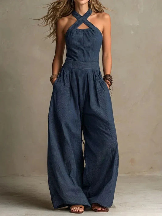 Women's Cross-neck Halter Design Cotton-linen Jumpsuit